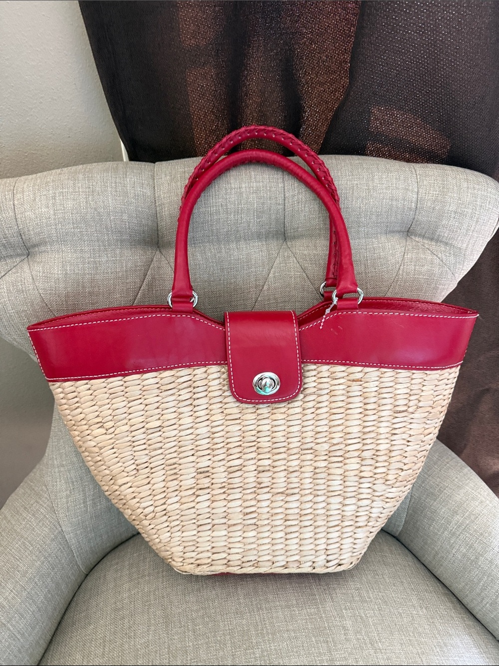 Talbots Red-Trim Woven Straw Tote Bag